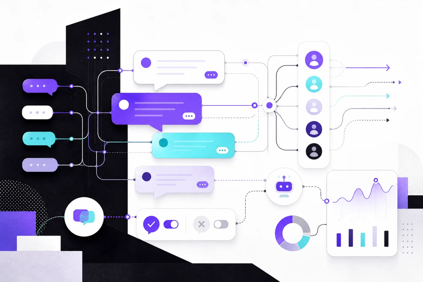 Abstract business messaging console with violet and cyan conversation cards routed through a shared inbox, consent controls, automation, and analytics.